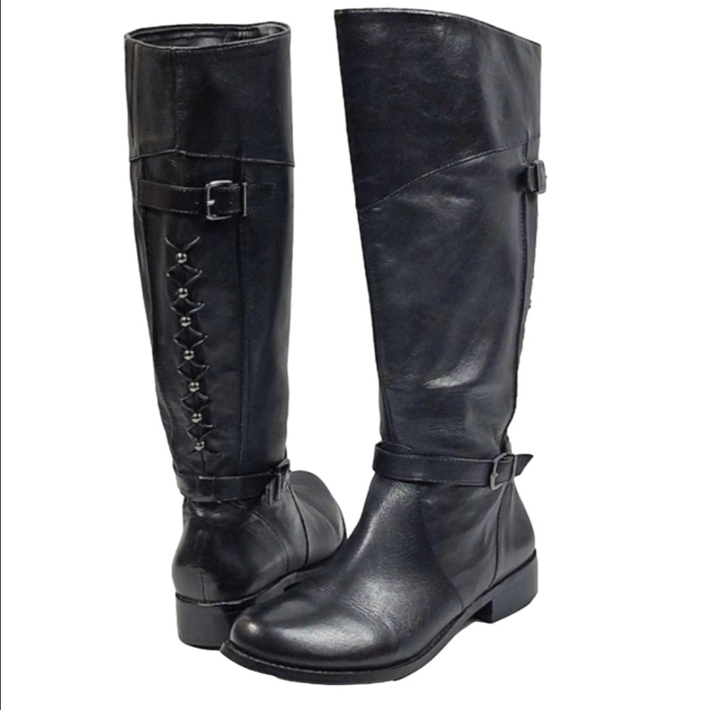 Gianni Bini Black Leather Lace Back Buckle Knee High Side Zip Riding Boot